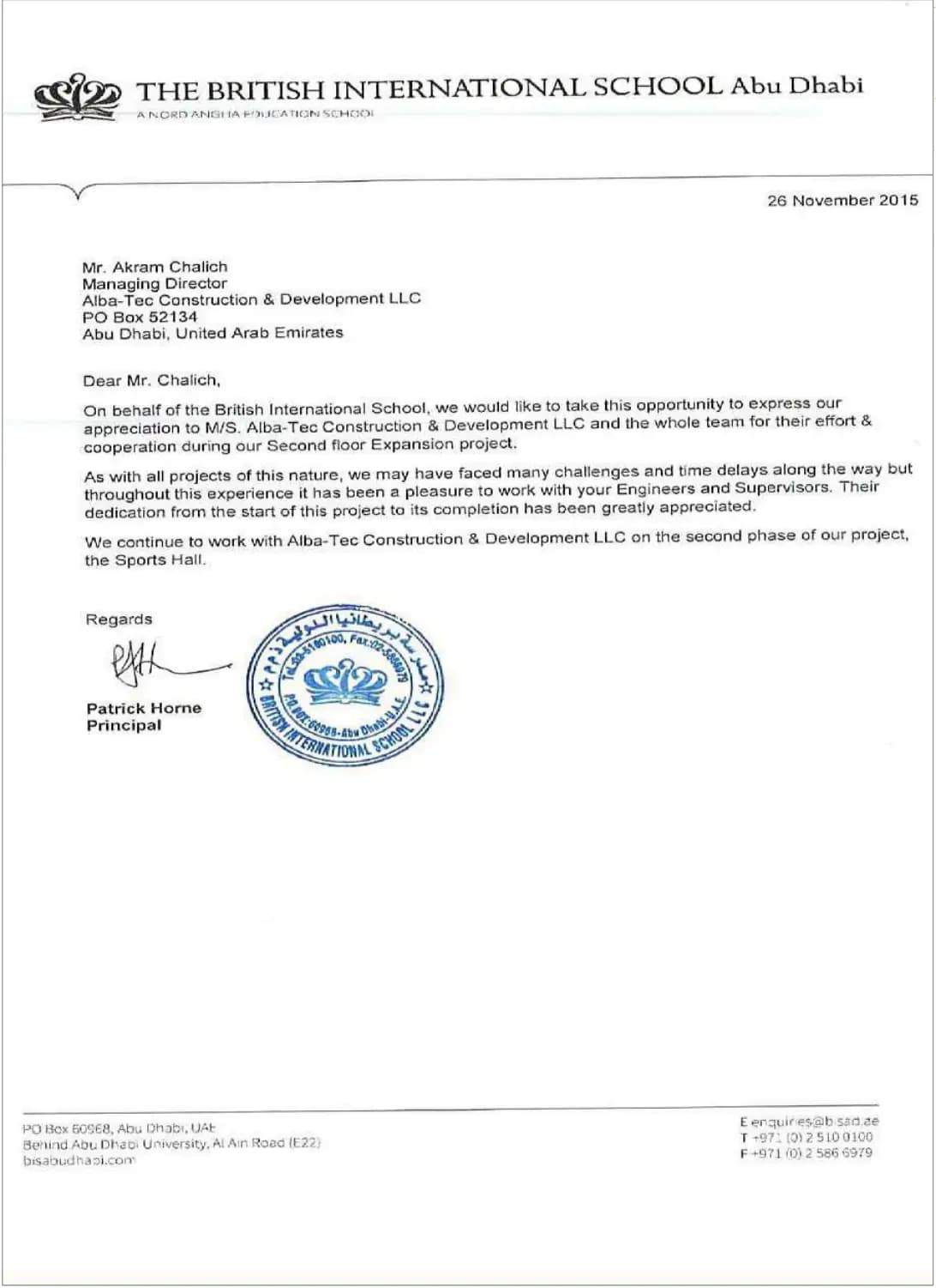 Letter of Appreciation: Second Floor Expansion