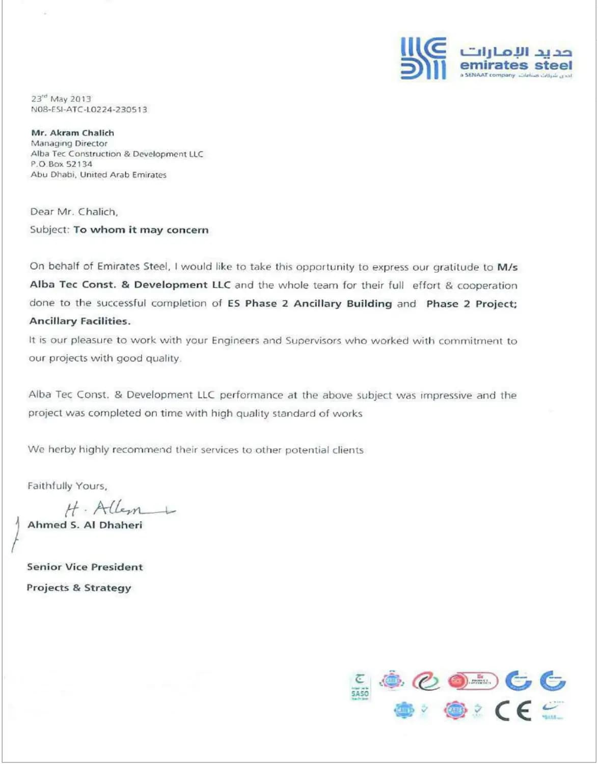 Letter of Appreciation: ES Phase 2 Ancillary Building