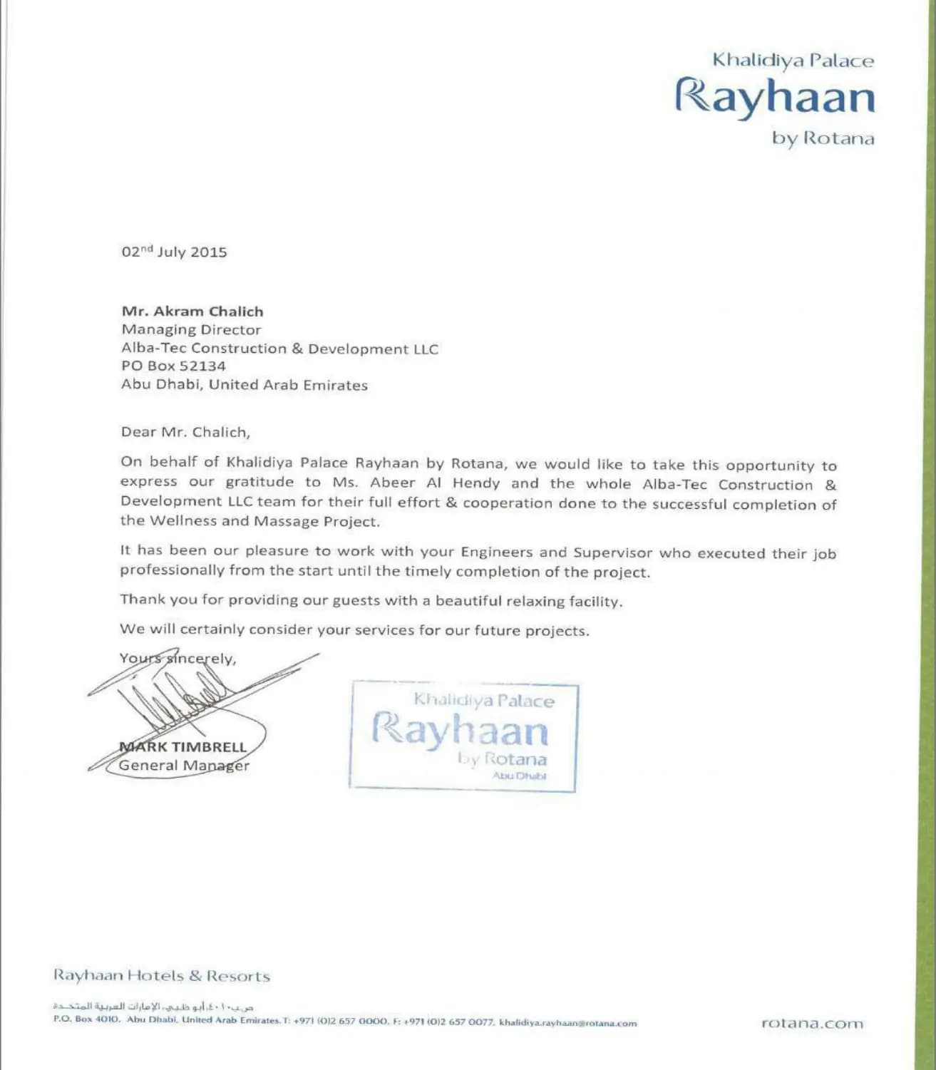 Letter of Appreciation: Wellness & Massage Center